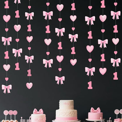 Pink Bow 1st Decorations Pink Plaid Twill Polka Dot Heart Bow Hanging Streamer Garland Banner for Happy First Birthday Girls Just Wanna be One Bday Decor 1st Anniversary Party Decorations Supplies