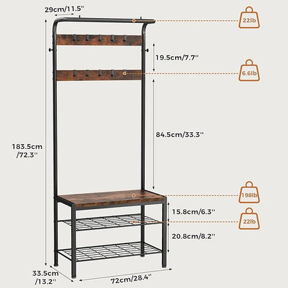DUMOS Hall Tree with Shoe Bench and Coat Rack, Entryway Bench with Shoe Storage and Hooks, 4-in-1 Coat and Shoe Rack for Entryway, Mudroom Storage Organizer with Shelves, Rustic Brown