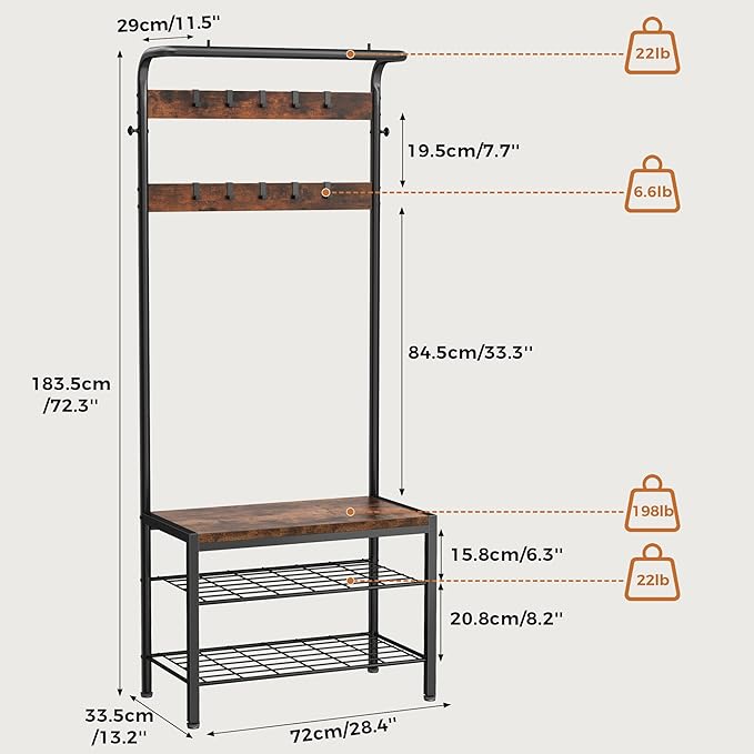 DUMOS Hall Tree with Shoe Bench and Coat Rack, Entryway Bench with Shoe Storage and Hooks, 4-in-1 Coat and Shoe Rack for Entryway, Mudroom Storage Organizer with Shelves, Brown