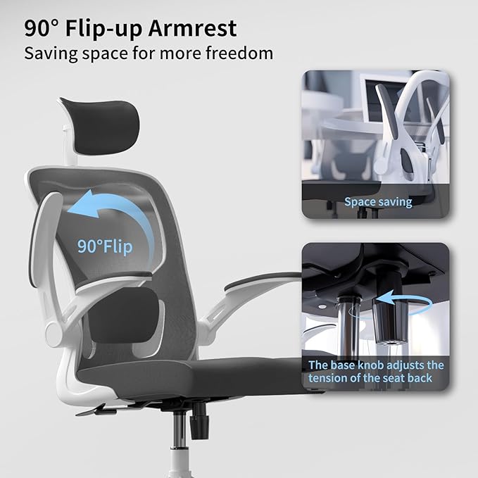 Monhey Ergonomic Office Chair, 90°-125° Tilt Back Home Desk Chair with 360° Swivel & Mute Wheels, High Back Mesh Computer Chair for Adults with Lumbar Support, 330 LBS Capacity(02White+Grey)