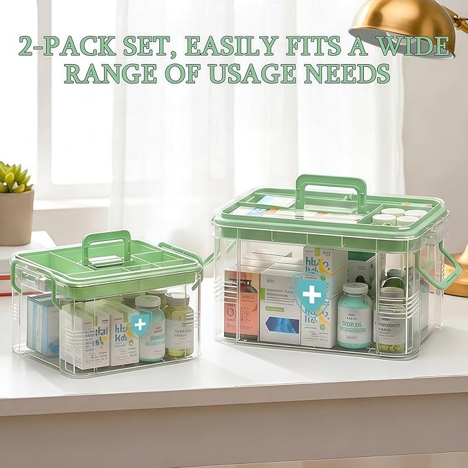 2 Pack Clear Medicine Organizer Box with Handle, Plastic Medicine Container with Tray First Aid Box Empty, Thickened Medicine Storage Organizer Multipurpose Medication Organizer Storage