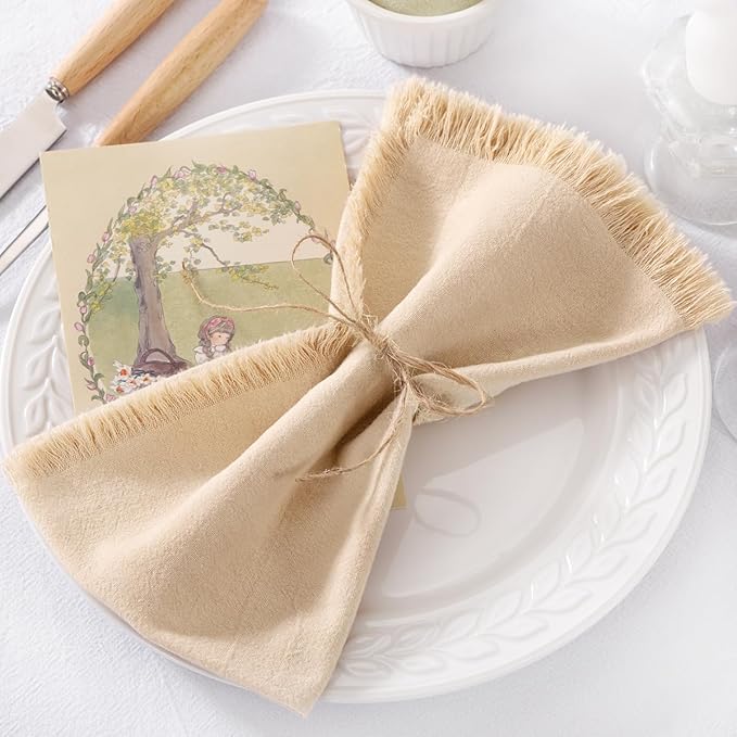 12 Pack Champagne Cotton Linen Napkins with Fringe Christmas Cloth Napkins Set of 12 Boho Handmade Holiday Napkins Bulk for Wedding Baby Shower Xmas Dinner Table Parties, 17 x 17 Inches