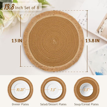 13.8 in Round Woven Placemats Set of 8, Washable Cotton Rope Place Mats for Dining Table Decor, Boho Farmhouse Rustic Table Mats Plate Chargers for Dinner Plates
