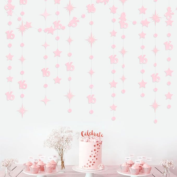 Glitter Pink Number 16 Circle Dot Twinkle Star Garland Hanging Streamer Bunting Banner Backdrop Decorations for Girls Happy 16th Birthday Sweet Sixteen 16th Anniversary Cheers to 16 Years Party Decor