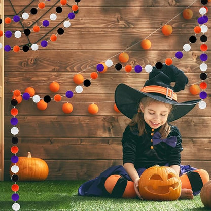 Halloween Pom Pom Garland Halloween Decorations 3pk Orange Purple Black White Felt Ball Garland Cute Hanging Decor for Room Home Office Classroom Wall, Fall Wedding Birthday Party Decorations Supplies