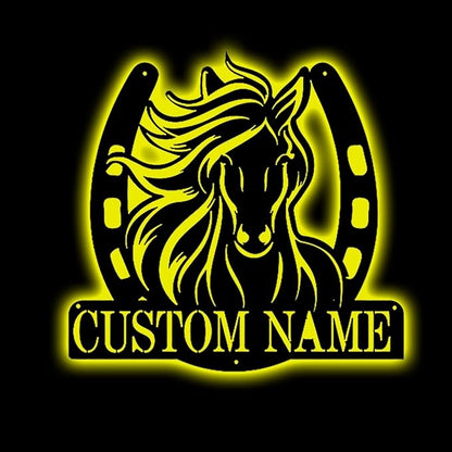 Personalized Name Horse Lamp Custom Wooden/Metal Horse Night Light Horse Wall Art LED Horse Light Farmhouse House Sign Horse Themed Gifts for Girl Birthday Christmas(Name Horse Sign)