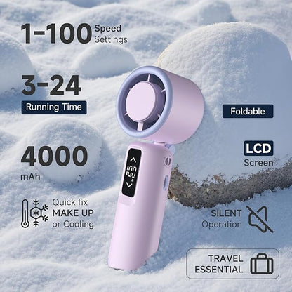 Portable Handheld Turbo Fan, 1-100 Gear Wind, Battery Operated, Up to 23 Working Hours, 3 IN 1 Personal Fan with Air Turbo Tech, Cooling Essentials for Indoor/Outdoor(Purple)