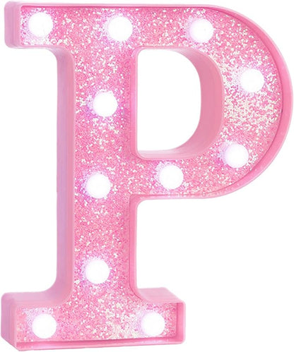 Pink LED Marquee Light Up Letters, Glitter Alphabet Letter Lights for Birthday Party Decorations, Battery Operated Letter Signs for Girls Room Table Decor, Pink letter P with Cool White Lights