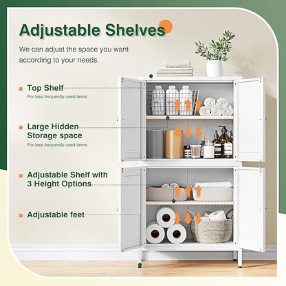 Letaya Storage Cabinet with Doors and Shelves,Small Freestanding Bathroom Floor Metal Cabinets -White
