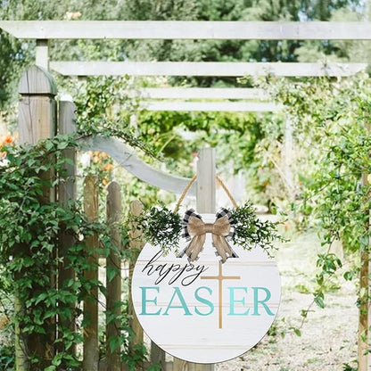 Boylee Easter Wooden Hanging Sign Happy Easter Sign Door Decoration with Bow Rustic Easter Wood Wreath Sign for Easter Spring Holiday Home Coffee Shop Bakery Farmhouse Window