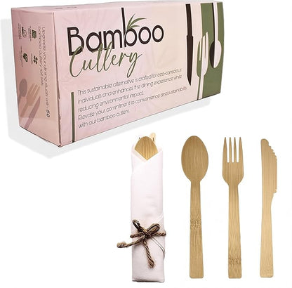 Premium Pre Rolled Bamboo Cutlery Set - 200 Pieces Natural Bamboo Cutlery - 50 Pack Compostable Utensils(50 Forks, 50 Knives, 50 Spoons, 50 Napkins), BIODEGRADABLE for Christmas, Gifting, Party