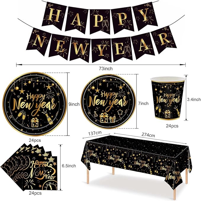 170 Pcs Happy New Year Disposable Tableware Set 2026 Happy New Year Eve Party Supplies, Disposable Tablecloth, Paper Cup, Plates for 24 Guests 2026 NYE Dinner Supplies, Black, Gold