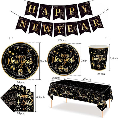 170 Pcs Happy New Year Disposable Tableware Set 2026 Happy New Year Eve Party Supplies, Disposable Tablecloth, Paper Cup, Plates for 24 Guests 2026 NYE Dinner Supplies, Black, Gold
