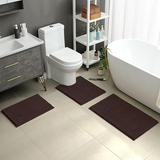 HOMEIDEAS 3 Pieces Bathroom Rugs, Ultra Soft Non Slip Absorbent Chenille Toilet Bath Mat Set (Brown)