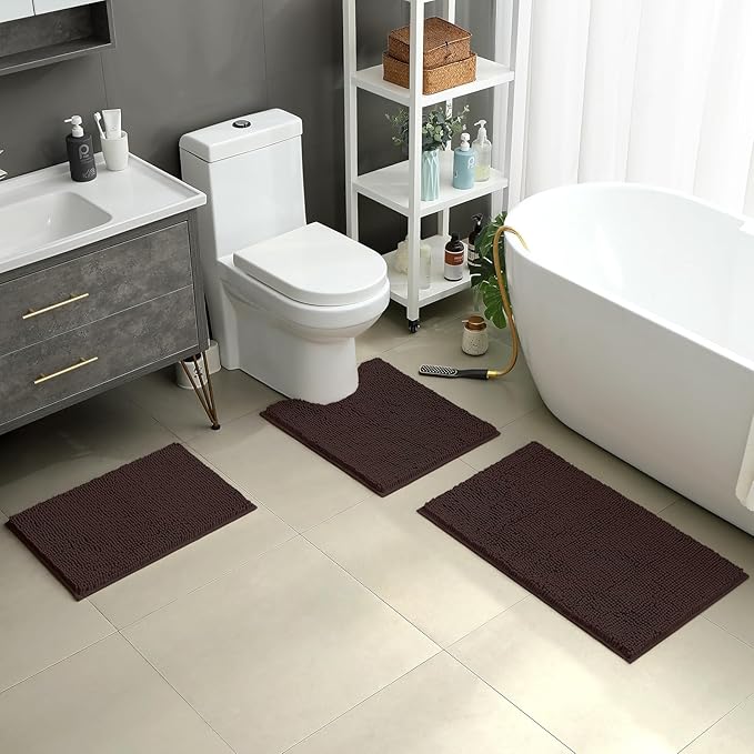 HOMEIDEAS 3 Pieces Bathroom Rugs, Ultra Soft Non Slip Absorbent Chenille Toilet Bath Mat Set (Brown)