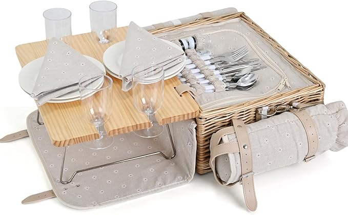 Multifunctional Wicker Picnic Basket Set for 4 with Blanket and Picnic Table, Insulated Picnic Set with Full Tablewares for Camping Outdoor Couples, Flowers