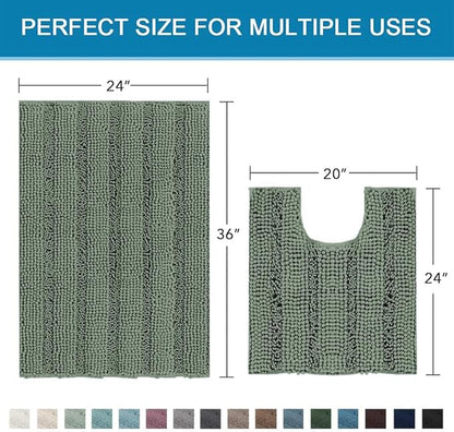 H.VERSAILTEX Bathroom Rugs Bath Rug Set 2 Piece Bathroom Contour Rug Toilet Mat Non Slip Contour Bath Rug Ultra Thick Water Absorbent Striped Bath Mats Washable(36" x 24" Plus 20" x 24" U, Green Bay)