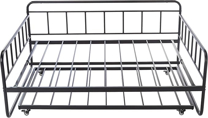 Amazon Basics Full Size Daybed and Twin Size Trundle Bed Frame Set, Space Saving Steel Slat Support, Sturdy Metal Design, Easy Assembly, Black