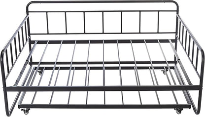 Amazon Basics Full Size Daybed and Twin Size Trundle Bed Frame Set, Space Saving Steel Slat Support, Sturdy Metal Design, Easy Assembly, Black