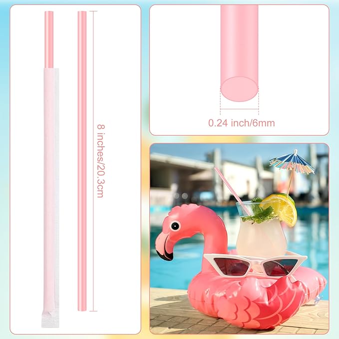 Hoolerry 1500 Pcs 8 Inch Plastic Straws Disposable Individually Wrapped Drinking Straight Long Straws, 0.24" Wide, for Hot and Cold Beverages (Pink)