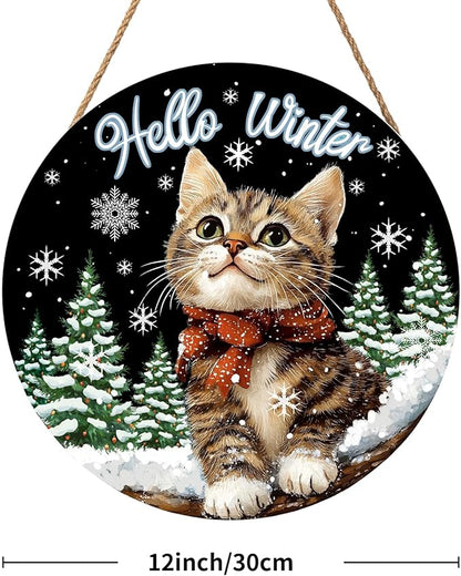 Hello Winter Cat Front Door Sign Winter Kitty Kitten Pine Tree Round Wood Sign 12x12in Winter Decorations Cat door hanger Christmas Winter Wreath Wall Hanging Welcome Sign for Outdoor Outside Porch