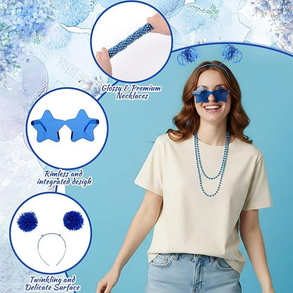 50 Pcs Blue Holiday Team Spirit Party Accessories Pom Pom Party Headbands Star Shape Sunglasses Bead Necklaces Stuff Favors for Birthday Wedding Supplies(Classic)