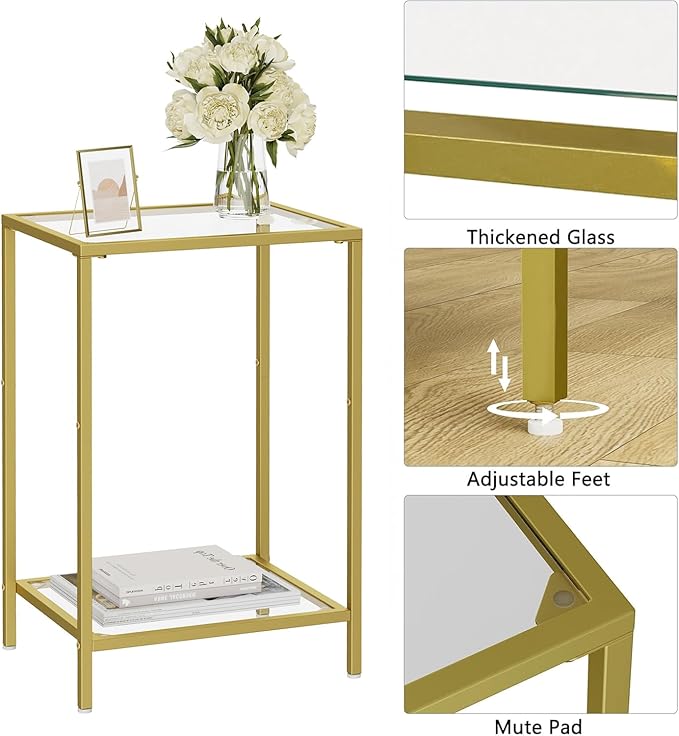 Side Tables Set of 2, End Tables with Tempered Glass, 2-Tier Nightstands with Storage Shelves, Coffee Table with Modern Style, Slim Sofa Table for Living Room, Bedroom, 11.8" D x 15" W, Gold