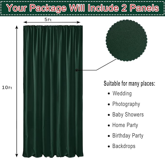 Hiasan Hunter Green Backdrop Curtains for Parties, Polyester Photography Backdrop Drapes for Baby Shower, Wedding Decorations, 5ftx10ft, Set of 2 Panels
