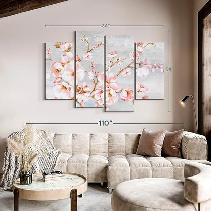 Elephant Stock Spring Cherry Blossoms Wall Art - Horizontal Canvas - 4-Piece Living Room Wall Decor - Painting Floral and Botanical Canvas Print - Pink and Brown Decor for Wall by Eva Watts - 84" X 54"
