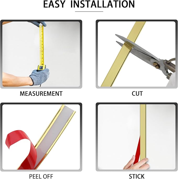 Glossy Gold Peel and Stick PVC Molding Trim, Flexible DIY Wall Accent Strip for Mirror Frame, Cabinet, Edges & Borders and Tiles (394''L x 0.4''W)