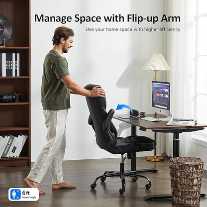 Office Chair, Executive PU Leather Chair Home Office Desk Chairs, Ergonomic Computer Desk Chair with Adjustable Flip-Up Arms, Lumbar Support Swivel Task Chair with Rocking Function (Black)