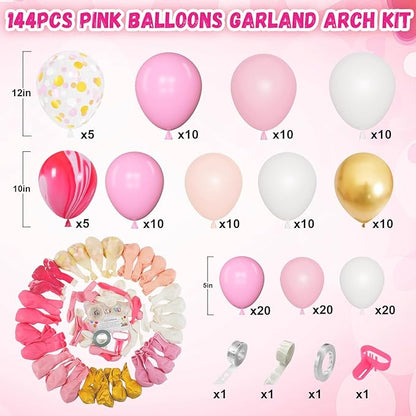 Amandir 144Pcs Pink Balloons Garland Arch Kit Light Pink Gold White Confetti Latex Metallic Balloons for Girl Birthday Baby Shower Wedding Graduation Party Decorations Supplies