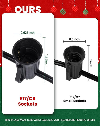 Brightown C9 Light Strand, 50FT Black Cord Outdoor String Lights Christmas Stringer with 12" Socket Spacing, C9/E17 Intermediate Base Indoor/Outdoor Stringer Set for Christmas Decor Patio
