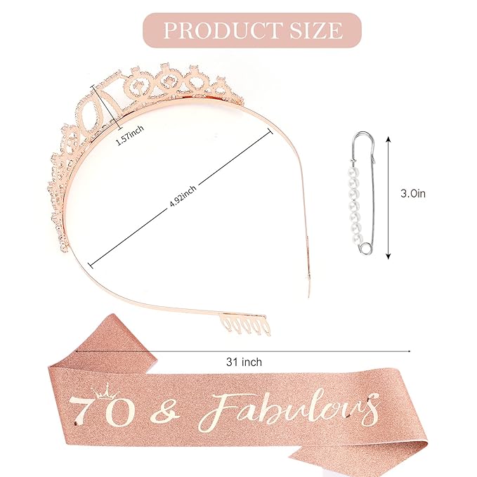 70th Birthday Celebration Pack for Women: Crown, Sash, Pearl Pin, and Photo Booth Props for a Fabulous Milestone
