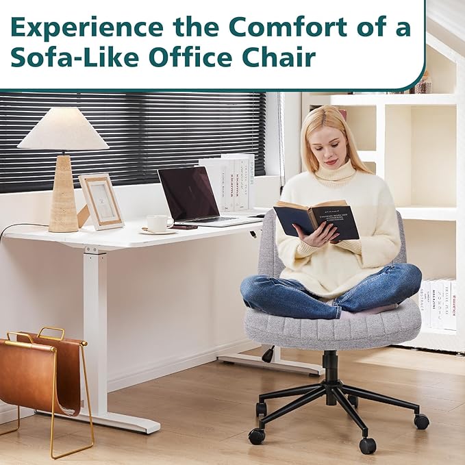 OLIXIS Criss Cross Chair with Wheels Wide Cross Legged Office Desk Vanity Chair Comfy Fabric Armless Adjustable Swivel for Home Computer Task Gray
