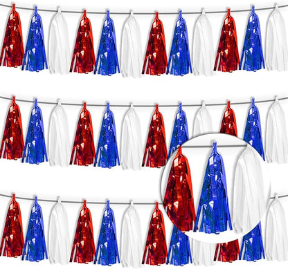 3P White Blue Red Tassel Banner Garland Metallic Foil Fringe Banner Tinsel Streamer Banner Backdrop for Parade Floats Graduation, Independence Day, 4th of july, Patriotic Themed Party Decoration