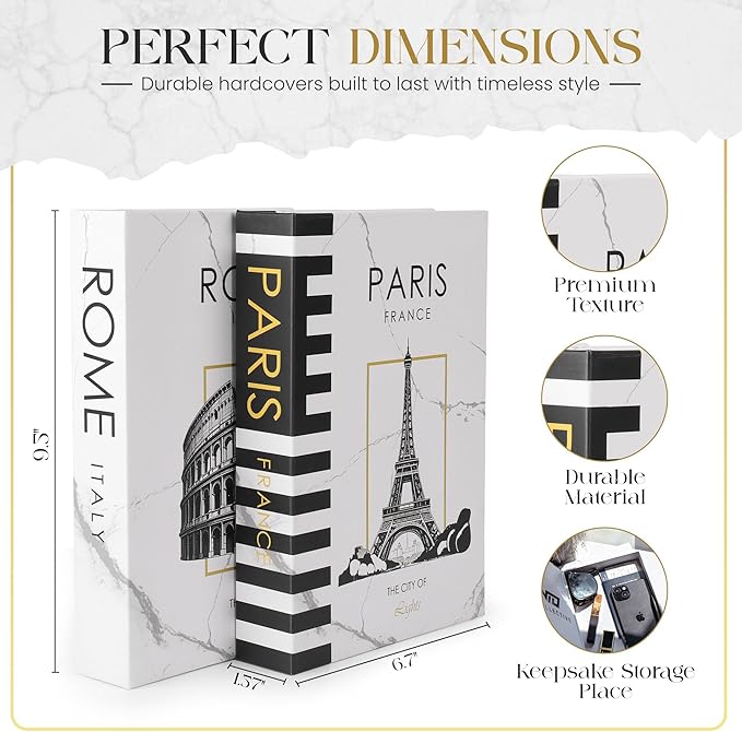 Decorative Book Pairs/Rome (White) Fake Books w/Hidden Storage for Coffee Table, Bookshelf or Mantle Decor w/Magnet Closure - Aesthetic Book Decor for Living Room, Bedroom, Entry Way, Keepsake