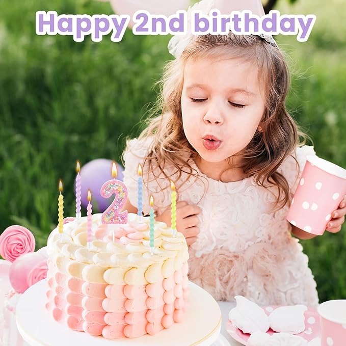 MTLEE Birthday Candle Macaron Glitter 3D Number Candle with 12 Pcs Rainbow Spiral Candles in Holders for Girl Boy Cake Topper Wedding Anniversary Pastel Sweet Theme Party Decoration(Pink,Number 2)