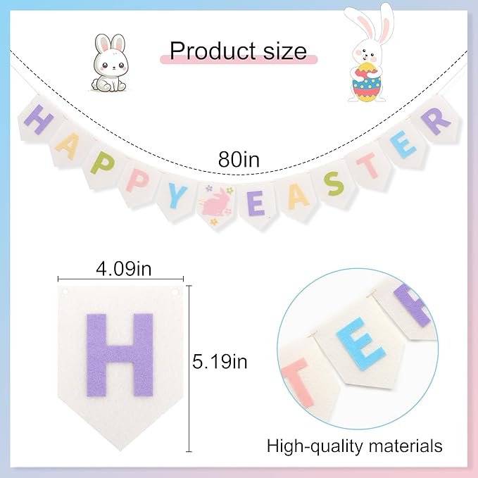 Felt Happy Easter Banner - Pastel Happy Easter Garland, Easter Bunny Bunting, Easter Decoration for Mantel, Wall