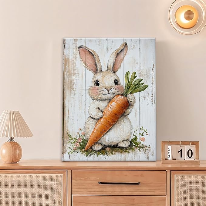 Rabbit Wall Art, Easter Bunny Pictures Wall Decor, Farmhouse Rabbit Carrot Canvas Prints, Rustic Cute Animal Painting Framed Artwork for Bathroom Living Room Bedroom Office Dining Room 16"X12"