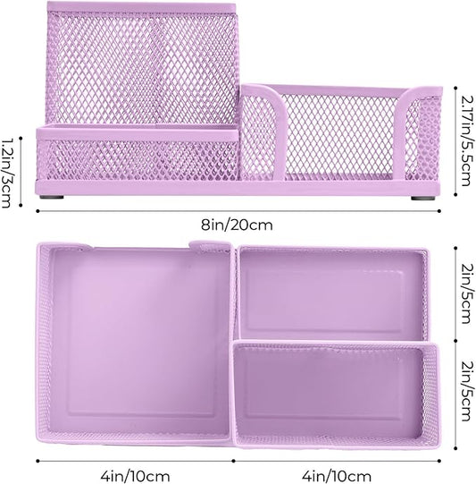 M&G Mesh Pen Holder Desk Organizers Pencil Holder for Desk Purple, 3 Compartments Metal Office Supply Organizer with Sticky Notes Holder for Home Office