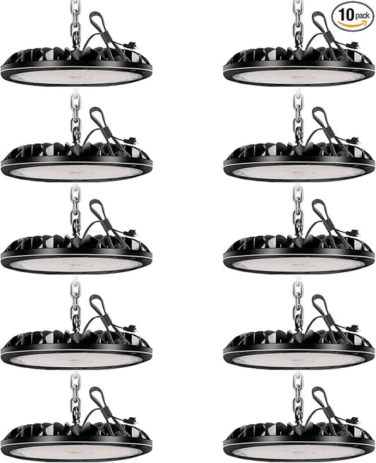 10 Pack LED High Bay Light 300W 30000LM, UFO LED Shop Light with 4ft Plug Cable, 6000K Commercial Bay Lighting, IP65 Waterproof for Warehouse Workshop