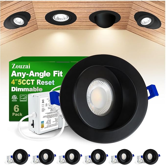 zouzai Classic 4 inch 5CCT Gimbal LED Recessed Light, 360°+90° Adjustable Directional Retrofit Eyeball Can Light with J-Box, Dimmable 2700K/3000K/3500K/4000K/5000K, ETL Certified (Black,6 Pack)