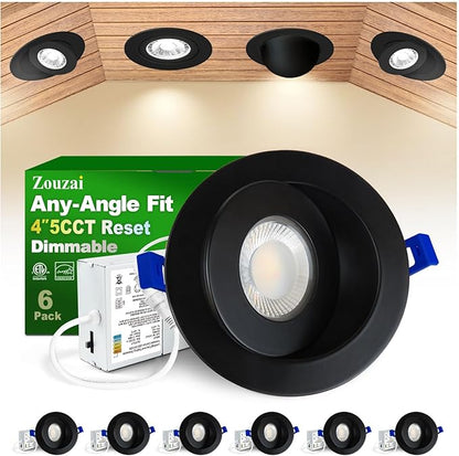 zouzai Classic 4 inch 5CCT Gimbal LED Recessed Light, 360°+90° Adjustable Directional Retrofit Eyeball Can Light with J-Box, Dimmable 2700K/3000K/3500K/4000K/5000K, ETL Certified (Black,6 Pack)