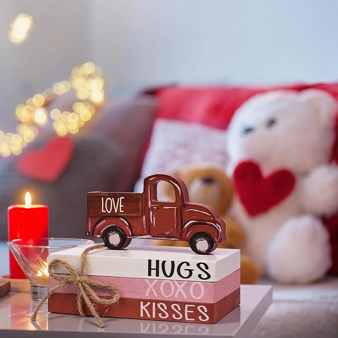 Smile Valentine's Day Wooden Book Decor Red Truck, LOVE XOXO HUGS & KISSES Signs, Valentine Indoor Decoration
