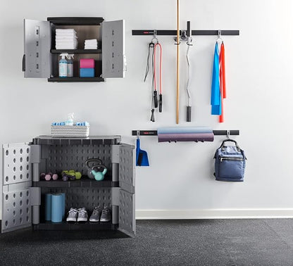 Rubbermaid Wall Mounted Storage Cabinet with Doors 150-Pound Capacity Gray Lockable Three-Shelf Cubbard for Tools/Car Accessories/Cleaning in Home/Garage/Outdoor Areas