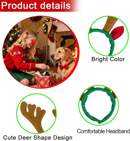 YUMUWBL 12 PCS Christmas Reindeer Antlers Headbands with 12 PCS Red Noses, Xmas Headbands Bulk Deer Headband with Ears, Xmas Antlers Hair Hoops for Christmas Party Holiday Decorations