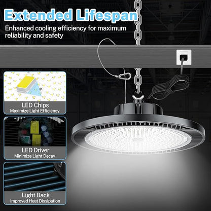 THELUX 6Pack 250W Led High Bay Light Super High Brightness 35000lm (Replacement 10000HPS) 5000K,100V-277V, with Plgu&Play IP65 Waterproof LED Shop Light for Warehouse Workshop Logistics Center