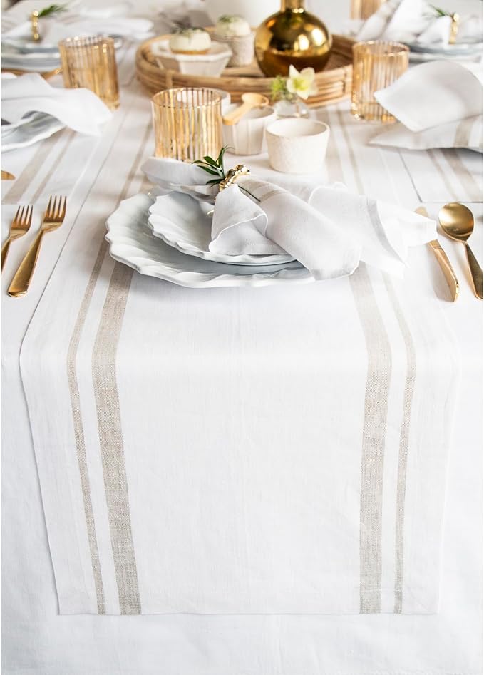 Solino Home Linen Table Runner 108 Inches Long - French Stripe, 100% Pure Linen Natural and White Farmhouse Table Runner 14 x 108 Inch Ideal for Dining, Fall, Autumn