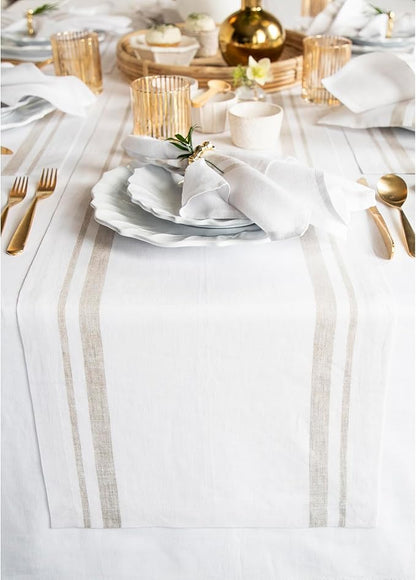 Solino Home Linen Table Runner 120 Inches Long - 100% Pure Linen Natural and White French Stripe Table Runner 14 x 120 Inch for Dining, Fall, Autumn, Thanksgiving